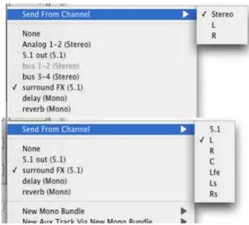 Send From Channel None Analog 1-2 (Stereo) 5.1 out (5.1) bus 1-2 (Stereo) bus 3-4 (Stereo) ✓ surround FX (5.1) delay (Mono) reverb (Mono) Send From Channel None 5.1 out (5.1) ✓ surround FX (5.1) delay (Mono) reverb (Mono) New Mono Bundle New Aux Track Via New Mono Bundle ✓ Stereo L R