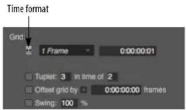 Time format Grid: 1 Frame 0:00:00:01 Tuplet: 3 in time of 2 Offset grid by 0:00:00:00 frames Swing: 100 %