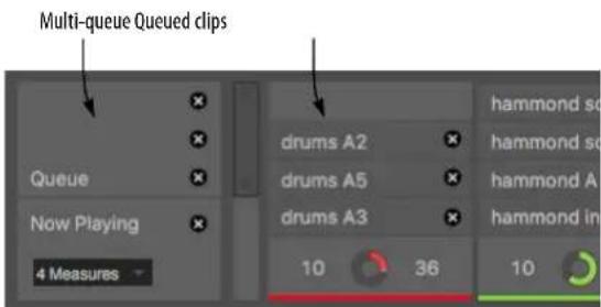 Multi-queue Queued clips Queue Now Playing 4 Measures drums A2 drums A5 drums A3 10 36 10