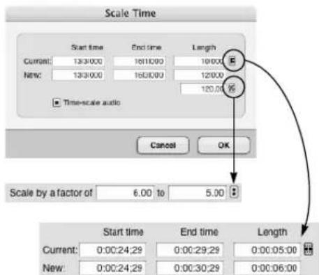 Scale Time Start time End time Length Current: 13/3/00 16/1/00 19/00 New: 13/3/00 16/3/00 12/00 120.00 Time-scale audio Cancel OK Scale by a factor of 6.00 to 5.00 Start time End time Length Current: 0:00:24:29 0:00:29:29 0:00:05:00 New: 0:00:24:29 0:00:30:29 0:00:06:00