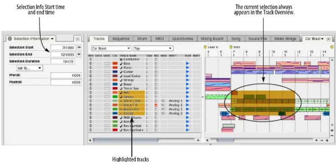 Selection Info Start time and end time Selection Start 711/000 Selection End 1211/000 Selection Duration 194/79 Set To... Pravoli 4/000 Postroll 4/000 Tracks Sequence Drum MIDI QuickScribe Mixing Board Song Sound File Meter Bridge Da' Blast The current selection always appears in the Track Overview. Track Name TARE MRC NON INPUT PLAY NAME Conductor 1 Bass 1 Piano 1 Guitar 1 Lead Guitar 1 Strings 1 Brass 1 Tenor Sax 1 Hips 1 Swiss 1 Drain Loop 1 Analog 1 Dram Fill 1 Analog 1 Watches Grid 1 Analog 1 Vaccles 1 Analog 2 MIDI Drums 1 Bond 1 Rev Cymbal 1 Rev Cymbal+ 1 Lead in Inns 5 6 7 8 9 10 11 12 13 14 1 1 1 1 1 1 1 1 1 Highlighted tracks
