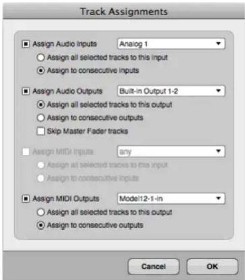 Track Assignments Assign Audio Inputs Analog 1 Assign all selected tracks to this input Assign to consecutive inputs Assign Audio Outputs Built-in Output 1-2 Assign all selected tracks to this output Assign to consecutive outputs Skip Master Fader tracks Assign MIDI Inputs any Assign all selected tracks to this input Assign to consecutive inputs Assign MIDI Outputs Model12-1-in Assign all selected tracks to this output Assign to consecutive outputs Cancel OK