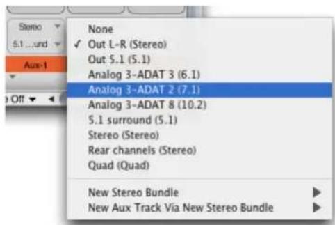 None ✓ Out L-R (Stereo) Out 5.1 (5.1) Analog 3-ADAT 3 (6.1) Analog 3-ADAT 2 (7.1) Analog 3-ADAT 8 (10.2) 5.1 surround (5.1) Stereo (Stereo) Rear channels (Stereo) Quad (Quad) New Stereo Bundle New Aux Track Via New Stereo Bundle