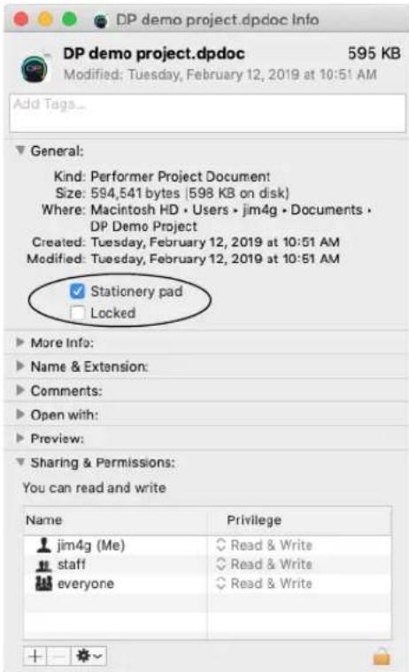 DP demo project.dpdoc Info 595 KB Modified: Tuesday, February 12, 2019 at 10:51 AM Add Tags... General: Kind: Performer Project Document Size: 594,541 bytes (598 KB on disk) Where: Macintosh HD • Users • jim4g • Documents • DP Demo Project Created: Tuesday, February 12, 2019 at 10:51 AM Modified: Tuesday, February 12, 2019 at 10:51 AM ✓ Stationery pad ☐ Locked ▶ More Info: ▶ Name & Extension: ▶ Comments: ▶ Open with: ▶ Preview: ▼ Sharing & Permissions: You can read and write Name Privilege jim4g (Me) Read & Write staff Read & Write everyone Read & Write