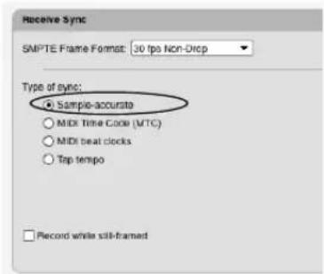 Receive Sync SMPTE Frame Format: 30 fps Non-Drcp Type of sync: ● Sample-accurate ○ MIDI Time Code (MTC) ○ MIDI beat clocks ○ Tap tempo Record while still-framed