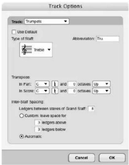 Track Options Track: Trumpots Use Default Type of Staff: Abbreviation: Tru Trable Transpose: In Part: C ▼ k and 0 octaves Up In Score: C ▼ k and 0 octaves Up Inter-Staff Spacing: Ladgers between staves of Grand Staff: 8 Custom: leave space for 3 ledgers above 3 ledgers below Automatic Cancel OK