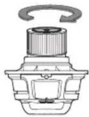 Technical diagram of a mechanical component with a circular arrow indicating rotation (no text or symbols)