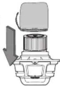 Mechanical component diagram showing a valve assembly with a downward arrow indicating direction (no text or symbols)