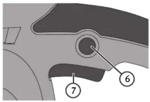 Technical diagram of a mechanical component with numbered parts labeled 6, 7, and a central hole.