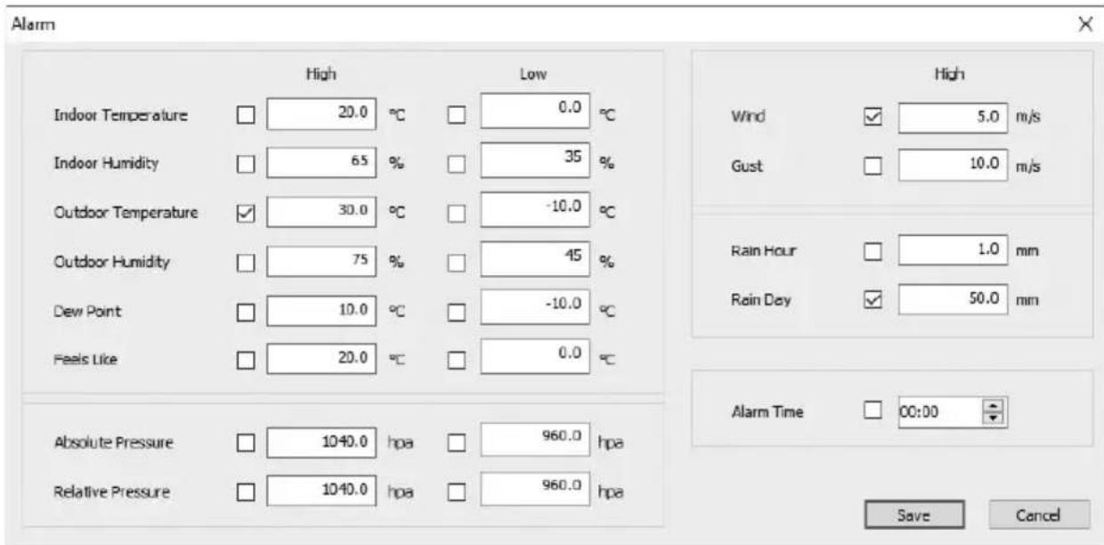 Alarm High Low Indoor Temperature 20.0 °C 0.0 °C Indoor Humidity 65 % 35 % Outdoor Temperature 30.0 °C -10.0 °C Outdoor Humidity 75 % 45 % Dew Point 10.0 °C -10.0 °C Feels Like 20.0 °C 0.0 °C Absolute Pressure 1040.0 hpa 960.0 hpa Relative Pressure 1040.0 hpa 960.0 hpa High Wind 5.0 m/s Gust 10.0 m/s Rain Hour 1.0 mm Rain Day 50.0 mm Alarm Time 00:00 Save Cancel