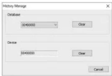 History Manage Database 00400000 Clear Device 00400000 Clear Cancel