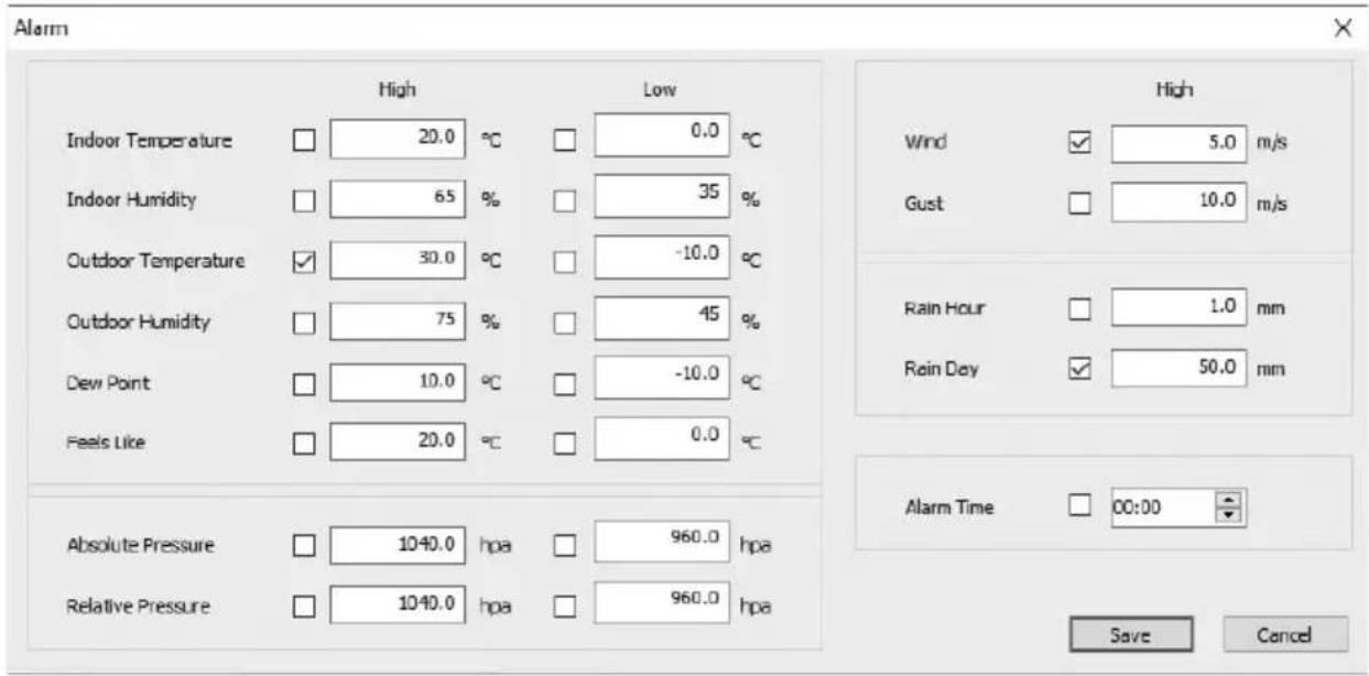 Alarm High Low Indoor Temperature 20.0 °C 0.0 °C Indoor Humidity 6.5 % 35 % Outdoor Temperature 30.0 °C -10.0 °C Outdoor Humidity 75 % 45 % Dew Point 10.0 °C -10.0 °C Feels Like 20.0 °C 0.0 °C Absolute Pressure 1040.0 hpa 960.0 hpa Relative Pressure 1040.0 hpa 960.0 hpa High Wind 5.0 m/s Gust 10.0 m/s Rain Hour 1.0 mm Rein Day 50.0 mm Alarm Time 00:00 Save Cancel