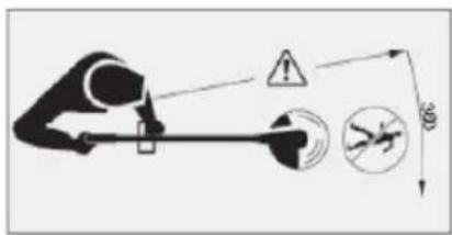 Safety warning diagram showing hazard and safety symbols for a device with warning signs and hazard indicators