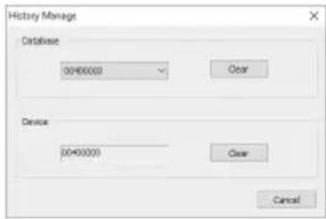 History Manage Database 00400000 Clear Device 00400000 Clear Cancel