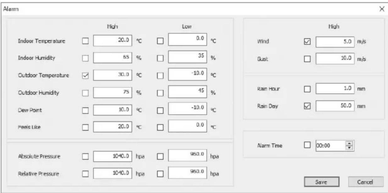 Alarm High Low Indoor Temperature 20.0 °C 0.0 °C Indoor Humidity 65 % 35 % Outdoor Temperature 30.0 °C -10.0 °C Outdoor Humidity 75 % 45 % Dew Point 10.0 °C -10.0 °C Feels like 20.0 °C 0.0 °C Absolute Pressure 10-40.0 hpa 950.0 hpa Relative Pressure 10-40.0 hpa 950.0 hpa High Wind 5.0 m/s Gust 10.0 m/s Rain Hour 1.0 mm Rain Day 50.0 mm Alarm Time 00:00 Save Cancel