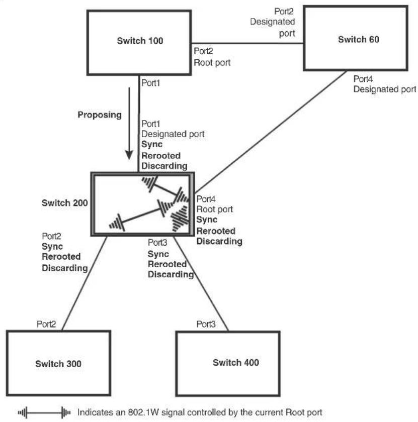 graph TD A["Switch 100"] -->|Port1| B["Switch 200"] A -->|Port2, Root port| C["Switch 60"] B -->|Port3, Sync Rerooted Discarding| D["Switch 300"] B -->|Port4, Root port, Sync Rerooted Discarding| E["Switch 400"] B -->|Port1, Designated port, Sync Rerooted Discarding| F["Switch 200"] style A fill:#f9…