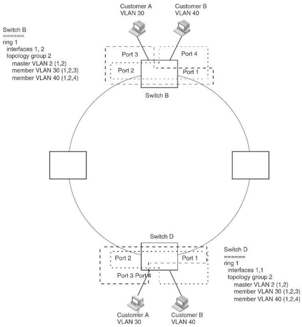 graph TD SwitchB["Switch B\nring 1\ninterfaces 1,2\ntopology group 2\nmaster VLAN 2 (1,2)\nmember VLAN 30 (1,2,3)\nmember VLAN 40 (1,2,4)"] SwitchB -->|Port 3| SwitchB_A["Customer A\nVLAN 30"] SwitchB -->|Port 4| SwitchB_B["Customer B\nVLAN 40"] SwitchB -->|Port 1| SwitchB_C["Switch B"] SwitchB -->|…