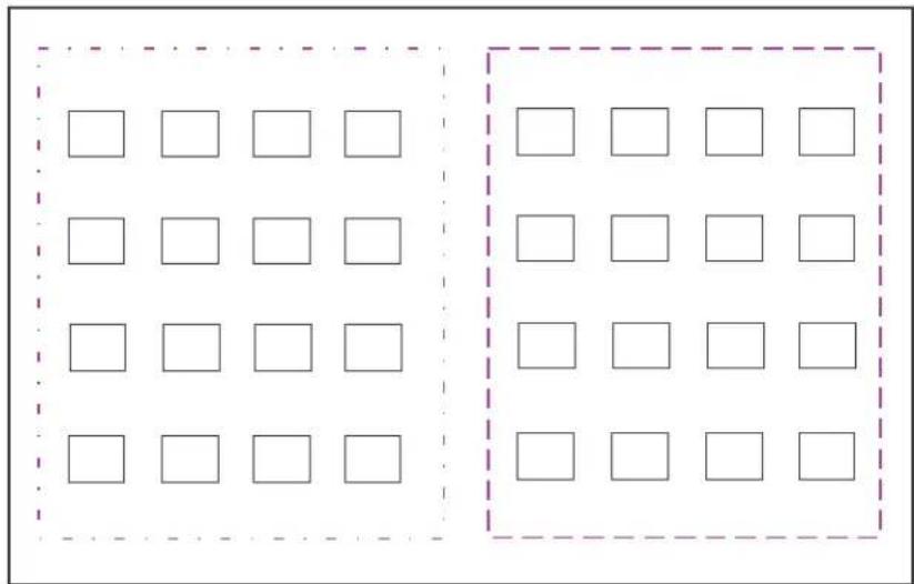 Grid pattern with 16 empty squares, each in a dashed border