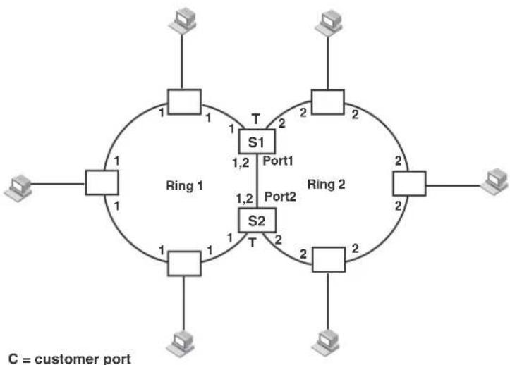 graph TD A["Computer"] --> B["Ring 1"] B --> C["S1"] C --> D["Port1"] D --> E["Ring 2"] E --> F["Ring 2"] F --> G["Computer"] B --> H["S2"] H --> I["Port2"] I --> J["Ring 2"] J --> K["Ring 2"] K --> L["Computer"] style A fill:#f9f,stroke:#333 style B fill:#ccf,stroke:#333 style C fill:#cfc,stroke:#3…