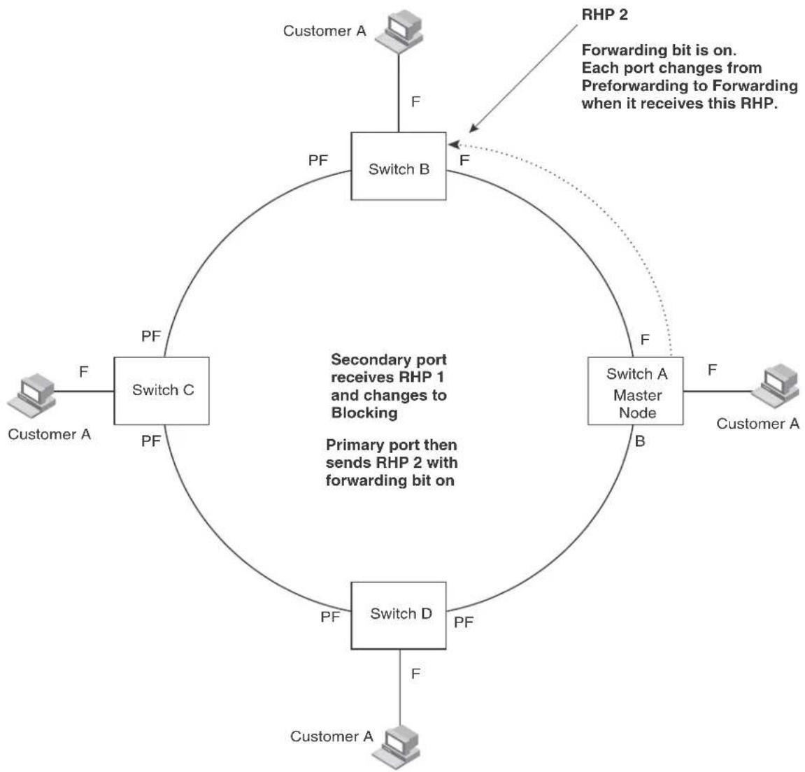 graph TD A["Customer A"] -->|F| B["Switch B"] B -->|F| C["Switch A Master Node"] C -->|F| D["Customer A"] D -->|F| E["Switch C"] E -->|PF| F["Customer A"] F -->|PF| G["Switch B"] G -->|PF| H["Switch C"] H -->|PF| I["Switch D"] I -->|PF| J["Customer A"] J -->|F| K["RHP 2"] K -->|F| L["Switch B"] L --…