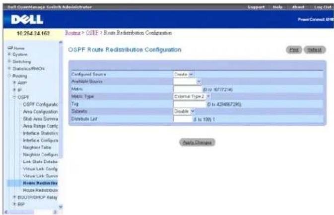 Dell 10.254.24.162 Route > OSIE > Route Redistribution Configuration OSPF Route Redistribution Configuration Configured Source Available Source Metric Metric Type Trig Submit Distribute List Create > Bto 8077216) External Type 2 Dto 42M495726) Disable Dto 190) 1 Auto Change