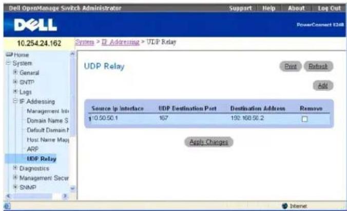 Dell OpenManage Switch Administrator Support Help About Log Out PowerConnect 1248 10.254.24.162 System > D Addressing > UDP Relay UDP Relay Print Refresh Add Source ip interface UDP Destination Port Destination Address Remove 10.50.50.1 167 192 168 50.2 Apply Changes DNS Horse System General SNTP Lags IP Addressing Management Info Domain Name S Default Domain P Host Name Map ARP UDP Relay Diagnostics Management Secur SNMP