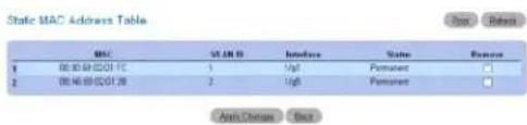 Static MAC Address Table MAC 35.00.0 Interface Value Expose 1 随机地址优先 1 1/2 Promount □ 2 地址地址优先 2 1/6 Promount □ Auto Changes Back