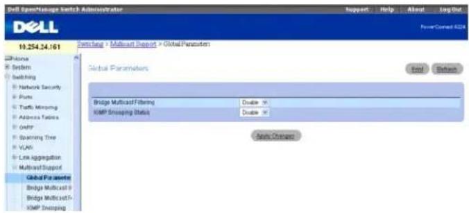 Dell OpenManage Switch Administrator Support Help About Log Out PowerCorrect 4224 10.254.24.161 Switching > Multicast Support > Global Parameter Global Parameters End Return Bridge Multicast Filtering Disable KIMP Shipping Status Disable Auto Connection