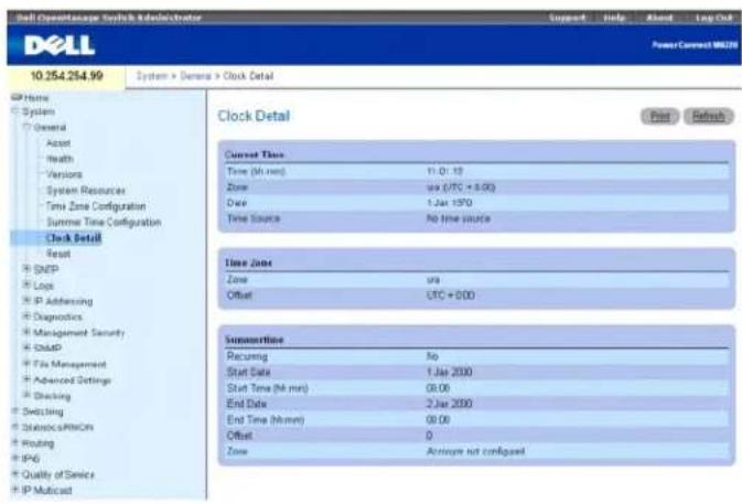 Dell PowerConnect M0279 10.254.254.99 System > General > Clock Detal Clock Detal Current Time Time (Min min) 11:01:13 Zone sea (UTC + 8:00) Day 1-Jan 1970 Time Source No time source Time Zone Zone sea Offset UTC + 000 SummaryTime Recurring No Start Date 1-Jan 2000 Start Time (Min min) 00:00 End Date 2-Jan 2000 End Time (Miner) 00:00 Offset 0 Zone Acctingue not configured