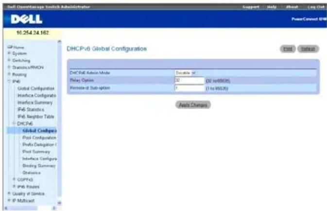 Dell 10.254.24.162 DHCPv6 Global Configuration Del D48 Admin Mode Enable it IPv6 Option 32 (32 to 65525) Remote-0 Sub-option 1 (1 to 65525) Asia Changes Global Configur Pool Configuration Prefix Delogation ( Pool Summary Interface Configur Binding Summary Statistics CSPV6 IPv6 Routes Quality of Service IP Multicast
