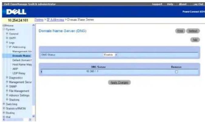 Dell OpenManage Switch Administrator Support Help About Line Out PowerConnect E24 10.254.24.161 System > IP Addressing > Domain Name Server Domain Name Server (DNS) DNS Status Enable DNS Server Enable 10.261.1 Apply Changes