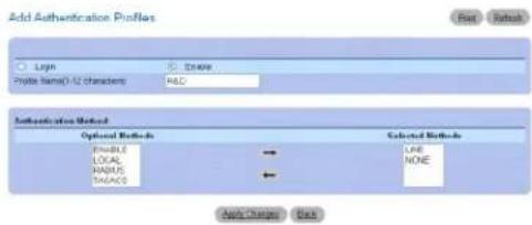 Add Authentication Profiles Login Create Phybe name(1-2 characters) R&C Authentication Method Optional Methods Enable LOCAL RADIUS SAGAOS Collected Methods LINE NONE Apply Options Back