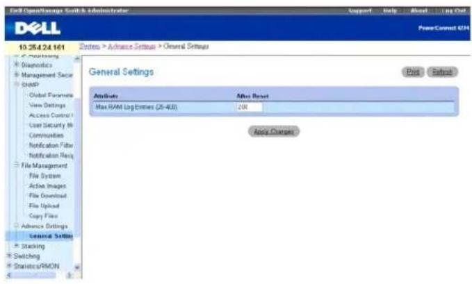 Dell 10.25.4.24.161 System > Advance Settings > General Settings General Settings Attributes After Reset Max RAM Log Entries (25-400) 20K Apply Changes