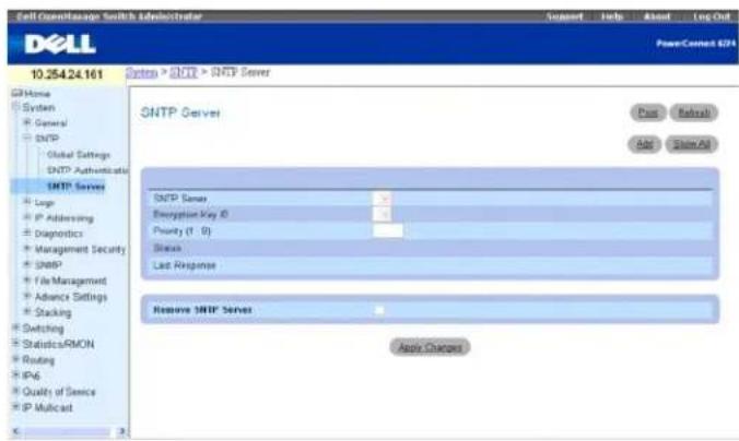 Cell Coordinate Switch Administrator SUPPORT Tools About Log Out DELL PowerCorrect SFTP 10.254.24.161 System > SNTP > SNTP Server SNTP Server Pass Refresh Add Show/All SNTP Server Encryption Key ID Priority (1, 0) Branch Last Response Remove SNTP Server Apply Charges