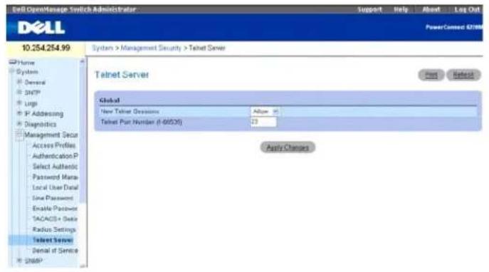 Dell OpenManage Switch Administrator Support Help About Log Out PowerConnect 67/98 10.254.254.99 System > Management Security > Telnet Server Telnet Server Global New Telnet Sessions Allow 35 Telnet Part Number (I-60535) 23 Apply Changes