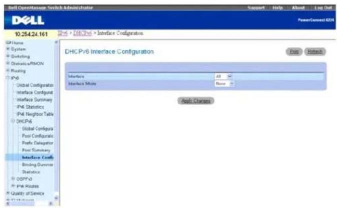 Dell Comcastbase Switch Administrator Support Help About Log Out PowerConnect: 4214 10.254.24.161 DHPv6 > DHCPv6 > Interface Configuration DHC Pv6 Interface Configuration Interface All Interface Mode Name Apply Channels
