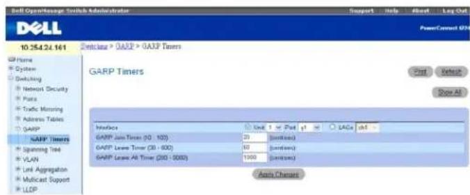 Dell OpenMessage Switch Administrator Support Help About Log Out PowerCorrect O/N 10:254:24.161 Switch > GARP > GARP Timers GARP Timers Interface GARP Join Timer (10 - 100) GARP Leave Timer (30 - 600) GARP Leave All Time (200 - 5000) Unit 1 Port q1 LAGs q3 - GAAP Join Timer (10 - 100) GAAP Leave Timer (30 - 600) GAAP Leave All Time (200 - 5000) Auto Change