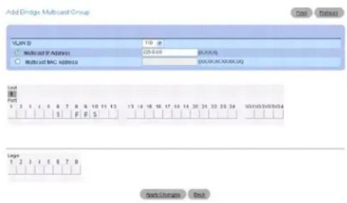 Add Bridge Multicast Group VLAN ID 1/0 @ Multicast F Address (25.0.09) (00.0.0.0) Multicast MAC Address (00.0.0.0.00.0.0.0) Limit B& Port 1 2 3 4 5 6 7 8 9 10 11 12 13 14 15 16 17 18 19 20 21 22 23 24 25/10/20/20/20/24 Logo 1 2 3 4 5 6 7 8 Apply Changes Next