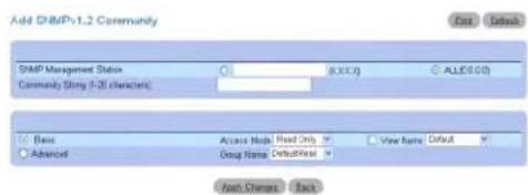 Add SNMPv1.2 Community DNP Management Status Command (0:25 characters) (0,XX,0) AL(£6.00) Basic Advanced Access Name Read Only View Name Default Group Name DefaultCase Form Address Back