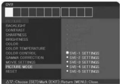DVII PICTURE BACKLIGHT CONTRAST SHARPNESS BRIGHTNESS COLOR COLOR TEMPERATURE COLOR CONTROL GAMMA CORRECTION MOVIE SETTINGS PICTURE MODE RESET SVE-1 SETTINGS SVE-2 SETTINGS SVE-3 SETTINGS SVE-4 SETTINGS SVE-5 SETTINGS △▼: Choose (SET) Mark (EXIT): Return (MENU): Close