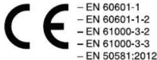 CE - EN 60601-1 - EN 60601-1-2 - EN 61000-3-2 - EN 61000-3-3 - EN 50581:2012