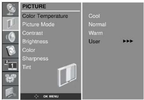 PICTURE Color Temperature Picture Mode Contrast Brightness Color Sharpness Tint OK MENU Cool Normal Warm User