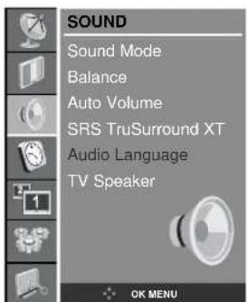 SOUND Sound Mode Balance Auto Volume SRS TruSurround XT Audio Language TV Speaker