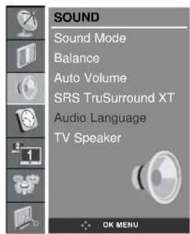 SOUND Sound Mode Balance Auto Volume SRS TruSurround XT Audio Language TV Speaker