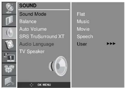 SOUND Sound Mode Balance Auto Volume SRS TruSurround XT Audio Language TV Speaker OK MENU Flat Music Movie Speech User