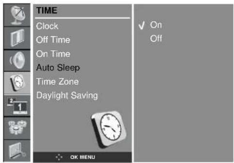 TIME Clock Off Time On Time Auto Sleep Time Zone Daylight Saving OK MENU ✓ On Off
