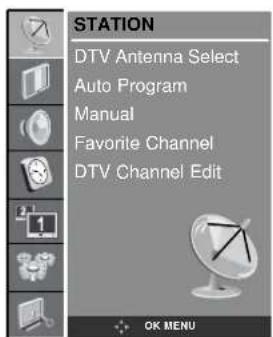 STATION DTV Antenna Select Auto Program Manual Favorite Channel DTV Channel Edit