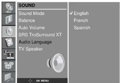 SOUND Sound Mode Balance Auto Volume SRS TruSurround XT Audio Language TV Speaker OK MENU ✓ English French Spanish