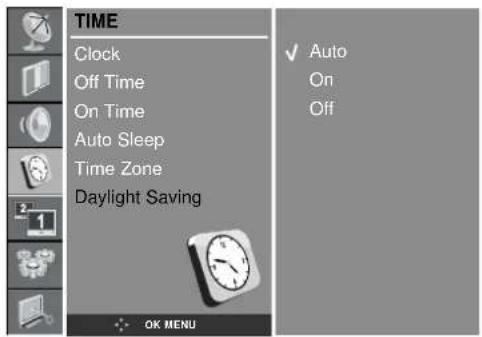 TIME Clock Off Time On Time Auto Sleep Time Zone Daylight Saving ✓ Auto On Off OK MENU