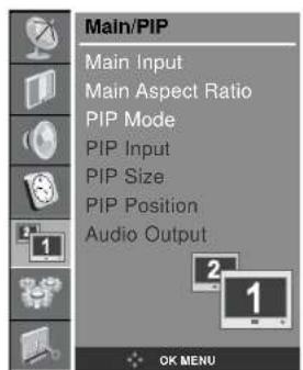 Main/PIP Main Input Main Aspect Ratio PIP Mode PIP Input PIP Size PIP Position Audio Output